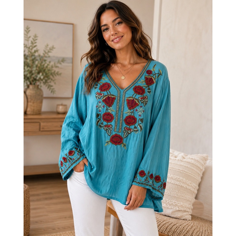 Soft Surroundings Embroidered Tunic Top Women Large Blue Boho Floral Beaded